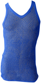 Blue String Vest. Classic Cotton Mesh String Vests. Muscle Vest in Blue, Fishnet Gym Workout tops.