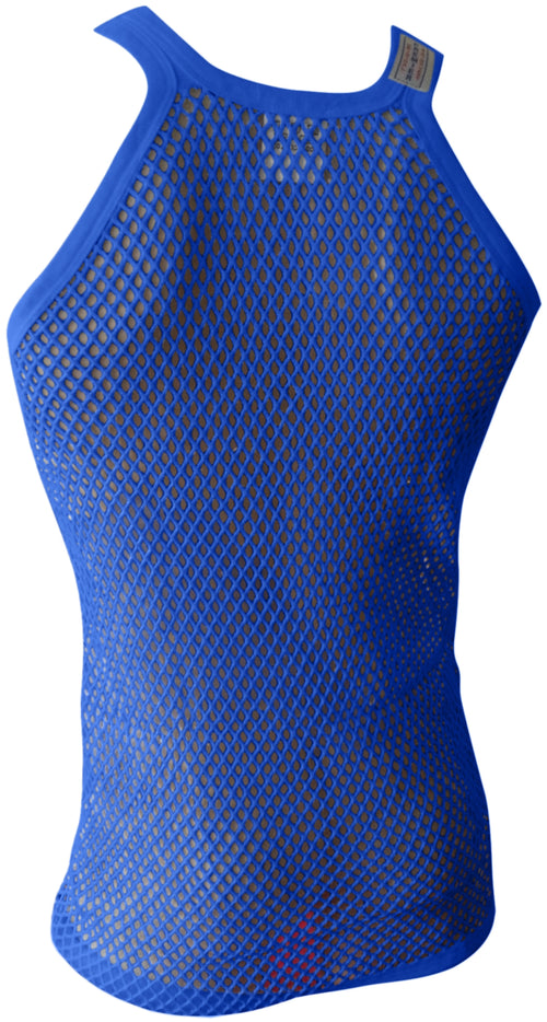 Blue String Vest. Classic Cotton Mesh String Vests. Muscle Vest in Blue, Fishnet Gym Workout tops.