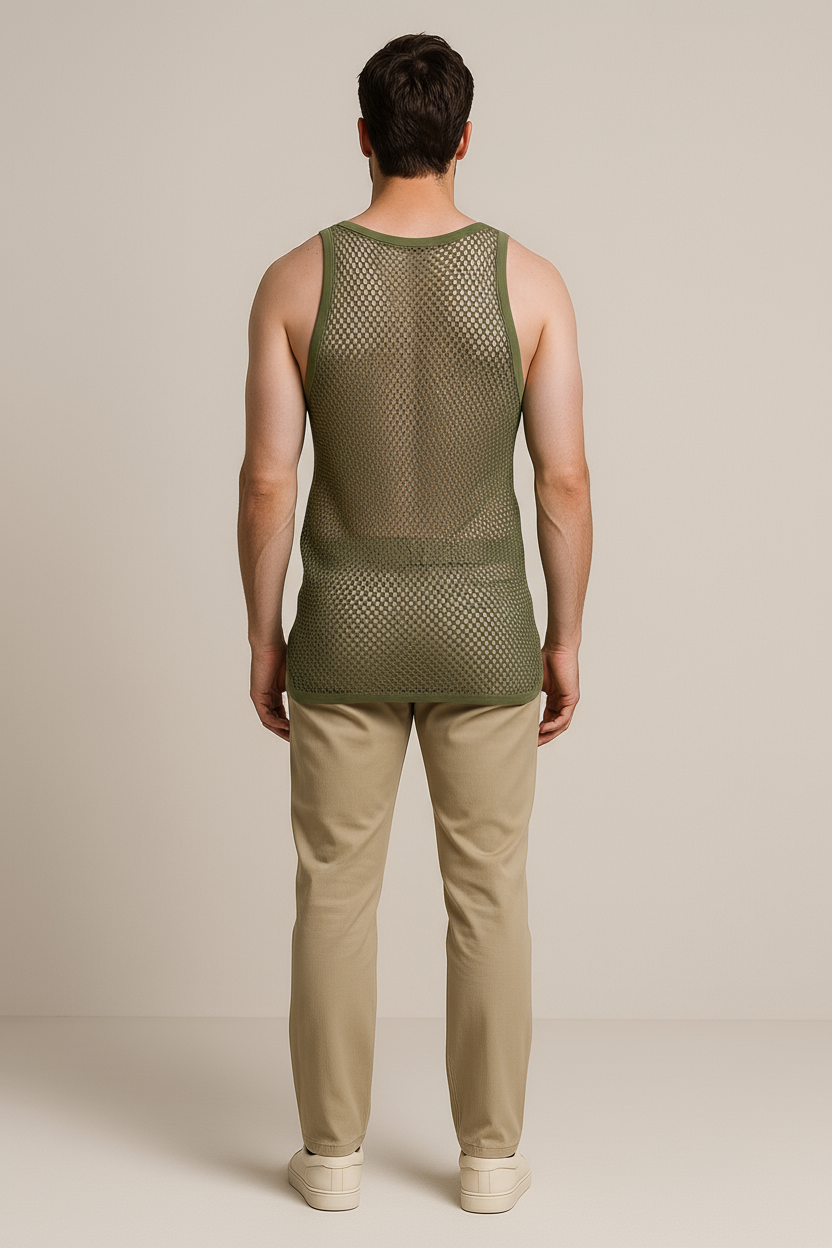 Khaki (Olive) String Vest. Classic Cotton Mesh String Vests. Muscle Vest in Khaki (Olive), Fishnet Gym Workout tops.