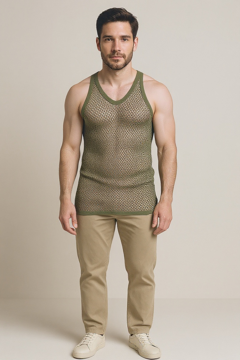 Khaki (Olive) String Vest. Classic Cotton Mesh String Vests. Muscle Vest in Khaki (Olive), Fishnet Gym Workout tops.