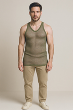 Khaki (Olive) String Vest. Classic Cotton Mesh String Vests. Muscle Vest in Khaki (Olive), Fishnet Gym Workout tops.