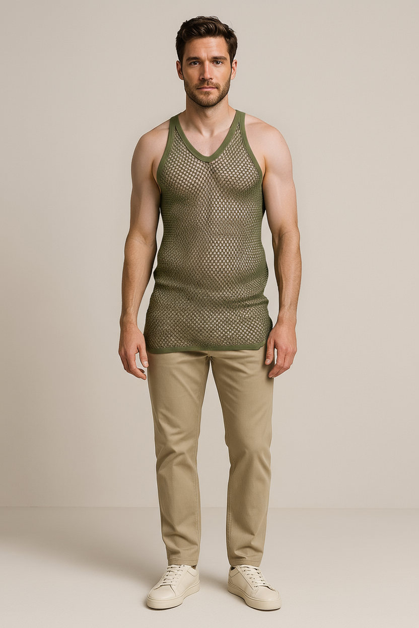 Khaki (Olive) String Vest. Classic Cotton Mesh String Vests. Muscle Vest in Khaki (Olive), Fishnet Gym Workout tops.
