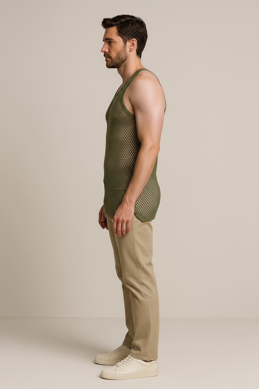 Khaki (Olive) String Vest. Classic Cotton Mesh String Vests. Muscle Vest in Khaki (Olive), Fishnet Gym Workout tops.