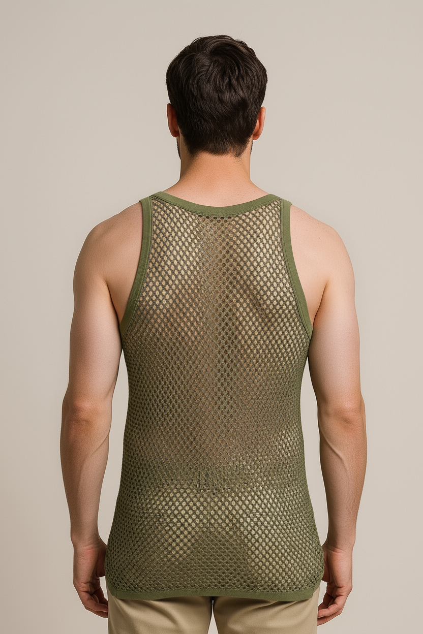 Khaki (Olive) String Vest. Classic Cotton Mesh String Vests. Muscle Vest in Khaki (Olive), Fishnet Gym Workout tops.