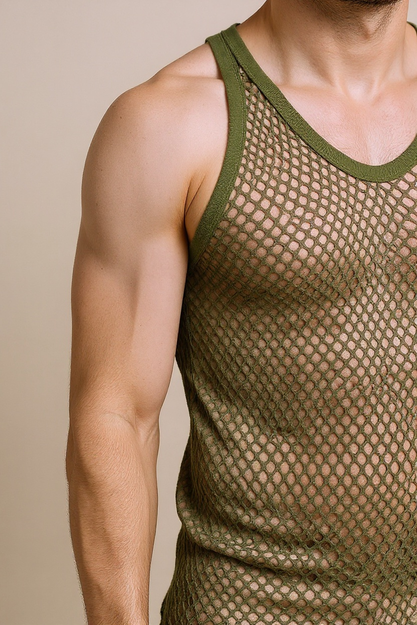 Khaki (Olive) String Vest. Classic Cotton Mesh String Vests. Muscle Vest in Khaki (Olive), Fishnet Gym Workout tops.