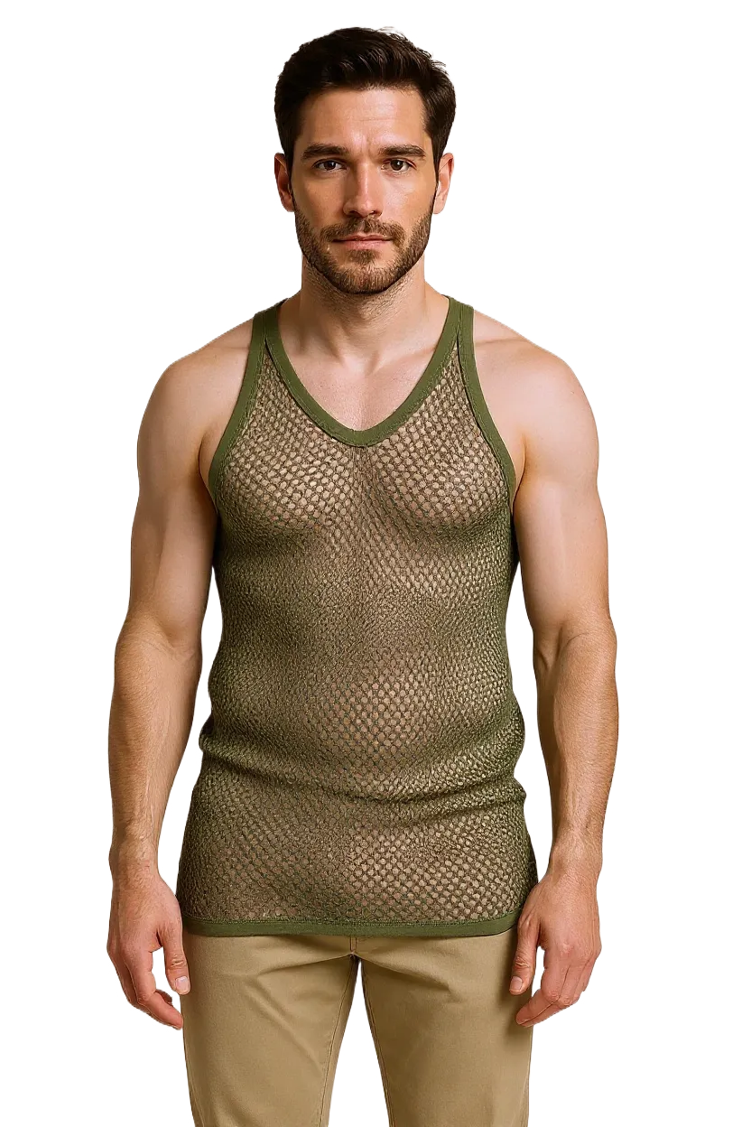 Khaki (Olive) String Vest. Classic Cotton Mesh String Vests. Muscle Vest in Khaki (Olive), Fishnet Gym Workout tops.