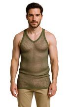 Khaki (Olive) String Vest. Classic Cotton Mesh String Vests. Muscle Vest in Khaki (Olive), Fishnet Gym Workout tops.