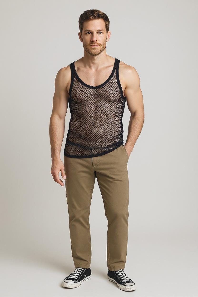 Black String Vest. Classic Cotton Mesh String Vests. Muscle Vest in Black, Fishnet Gym Workout tops.