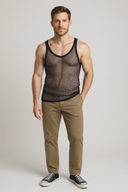 Black String Vest. Classic Cotton Mesh String Vests. Muscle Vest in Black, Fishnet Gym Workout tops.