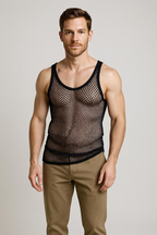 Black String Vest. Classic Cotton Mesh String Vests. Muscle Vest in Black, Fishnet Gym Workout tops.