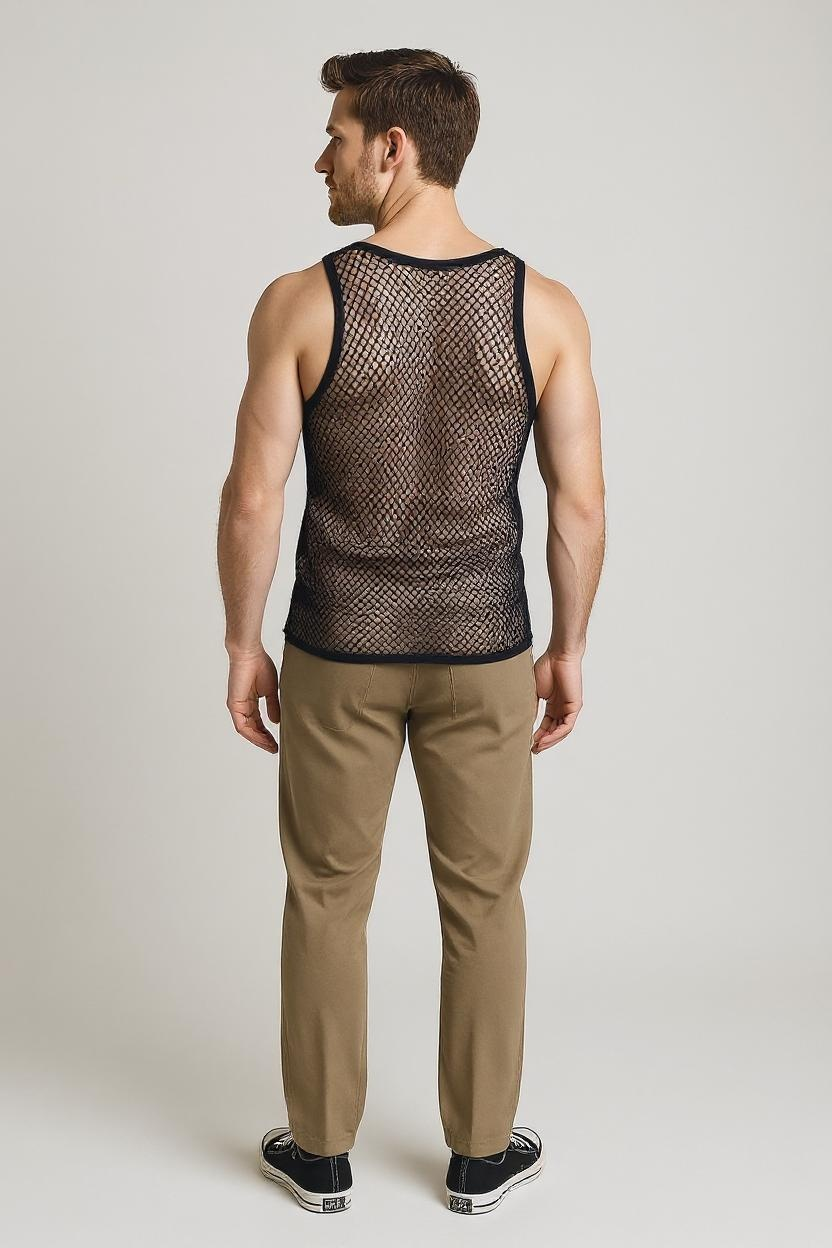 Black String Vest. Classic Cotton Mesh String Vests. Muscle Vest in Black, Fishnet Gym Workout tops.