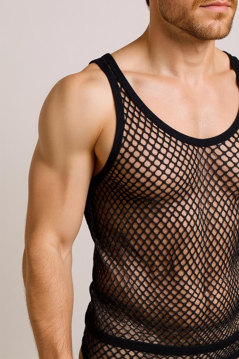 Black String Vest. Classic Cotton Mesh String Vests. Muscle Vest in Black, Fishnet Gym Workout tops.