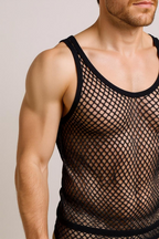Black String Vest. Classic Cotton Mesh String Vests. Muscle Vest in Black, Fishnet Gym Workout tops.