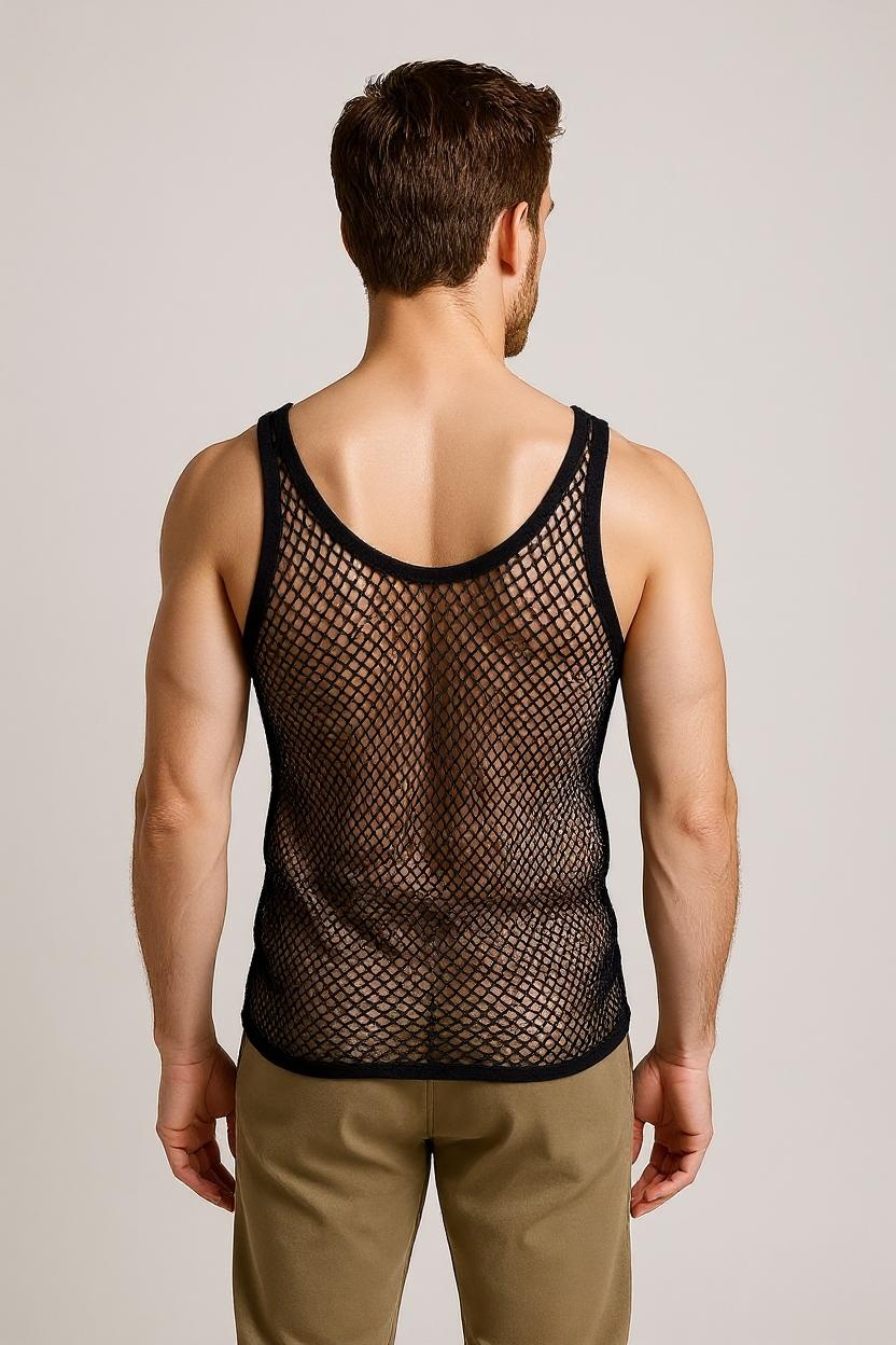 Black String Vest. Classic Cotton Mesh String Vests. Muscle Vest in Black, Fishnet Gym Workout tops.