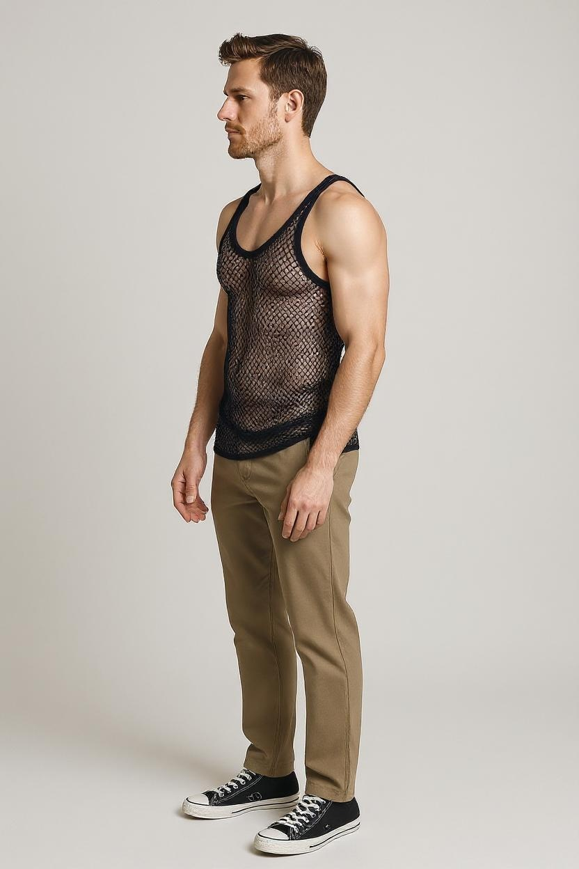 Black String Vest. Classic Cotton Mesh String Vests. Muscle Vest in Black, Fishnet Gym Workout tops.