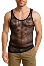 Black String Vest. Classic Cotton Mesh String Vests. Muscle Vest in Black, Fishnet Gym Workout tops.
