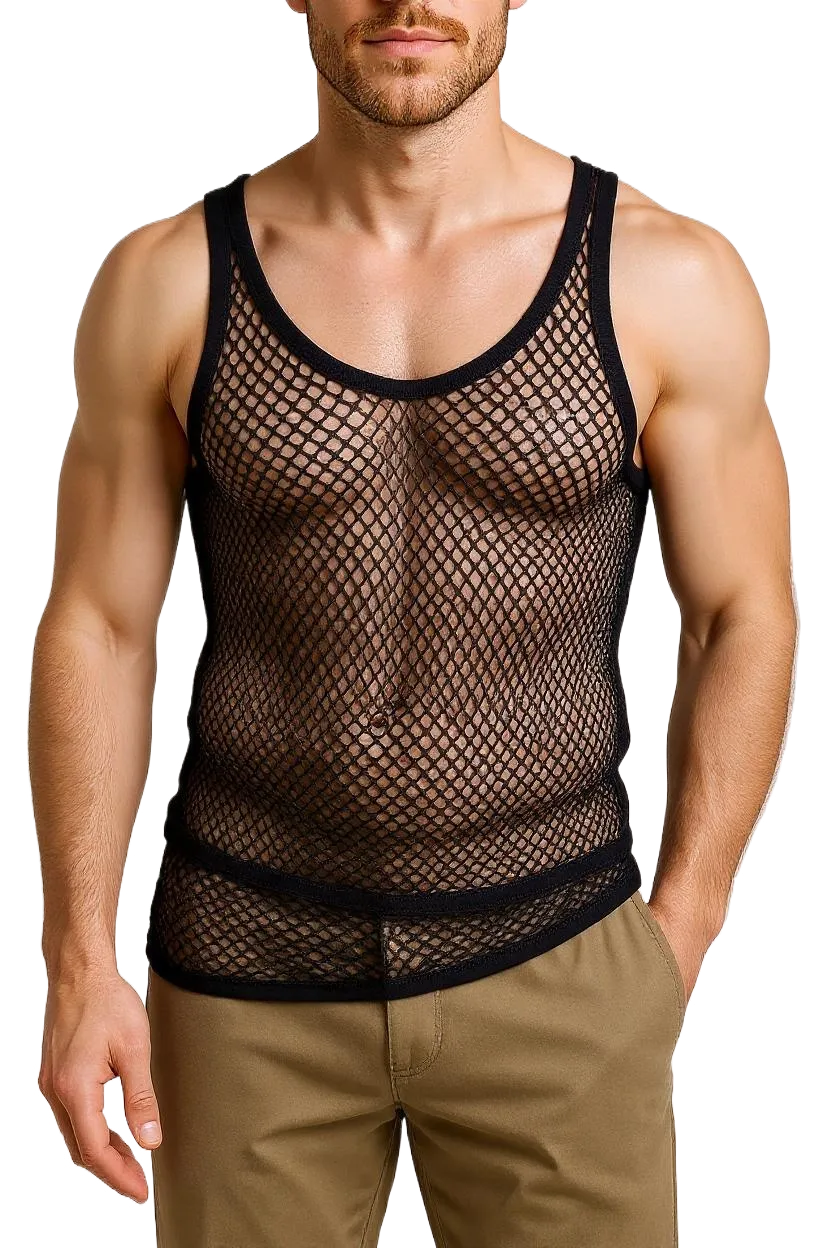Black String Vest. Classic Cotton Mesh String Vests. Muscle Vest in Black, Fishnet Gym Workout tops.