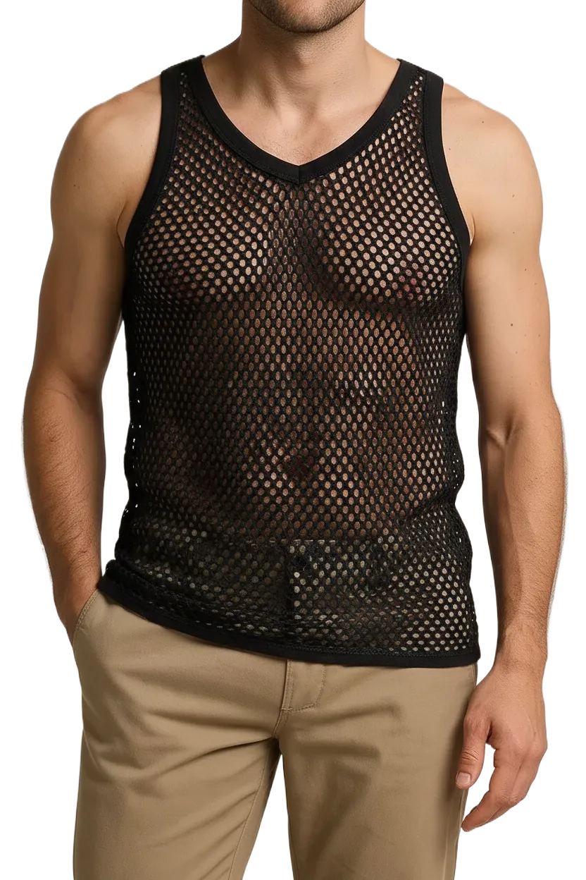 Black String Vest. Classic Cotton Mesh String Vests. Muscle Vest in Black, Fishnet Gym Workout tops.
