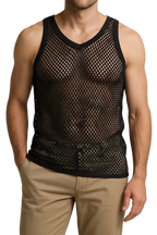 Black String Vest. Classic Cotton Mesh String Vests. Muscle Vest in Black, Fishnet Gym Workout tops.