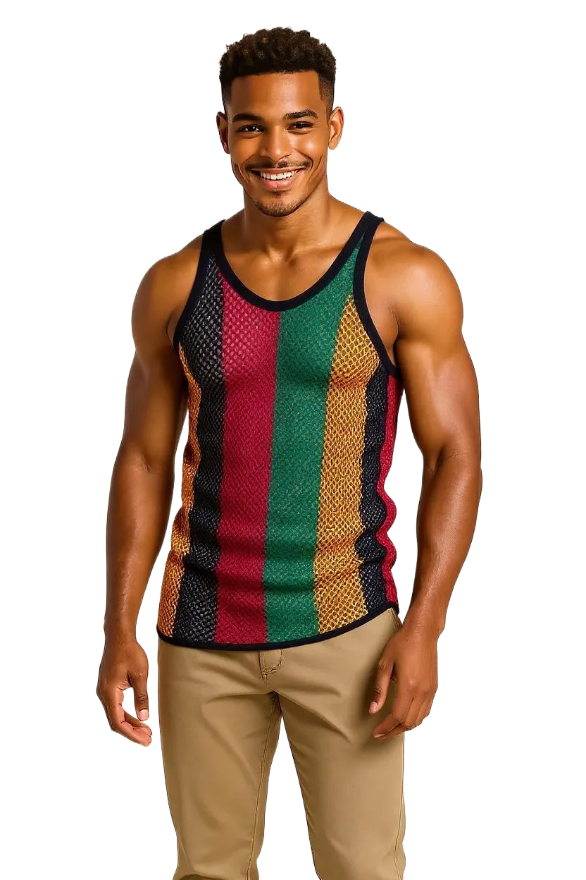 Rasta-1 String Vest: Jamaican Mesh Marina, Reggae Clothing, Sleeveless Tank Top, Rastafarian Style, Perfect Jamaica Shirt for Men, Caribbean-Inspired Rasta Man Costume