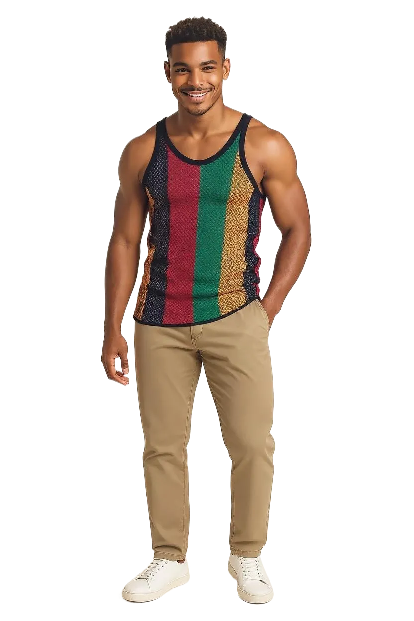 Rasta-1 String Vest: Jamaican Mesh Marina, Reggae Clothing, Sleeveless Tank Top, Rastafarian Style, Perfect Jamaica Shirt for Men, Caribbean-Inspired Rasta Man Costume