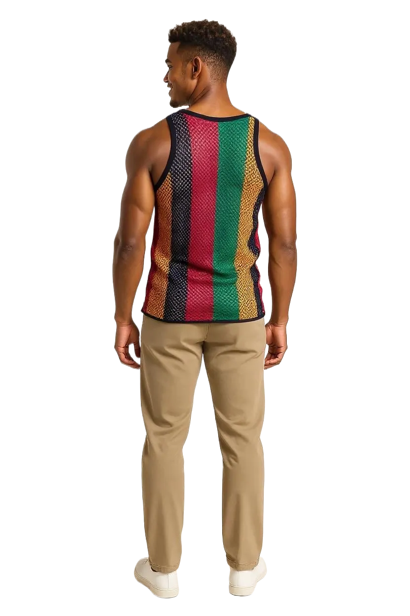 Rasta-1 String Vest: Jamaican Mesh Marina, Reggae Clothing, Sleeveless Tank Top, Rastafarian Style, Perfect Jamaica Shirt for Men, Caribbean-Inspired Rasta Man Costume