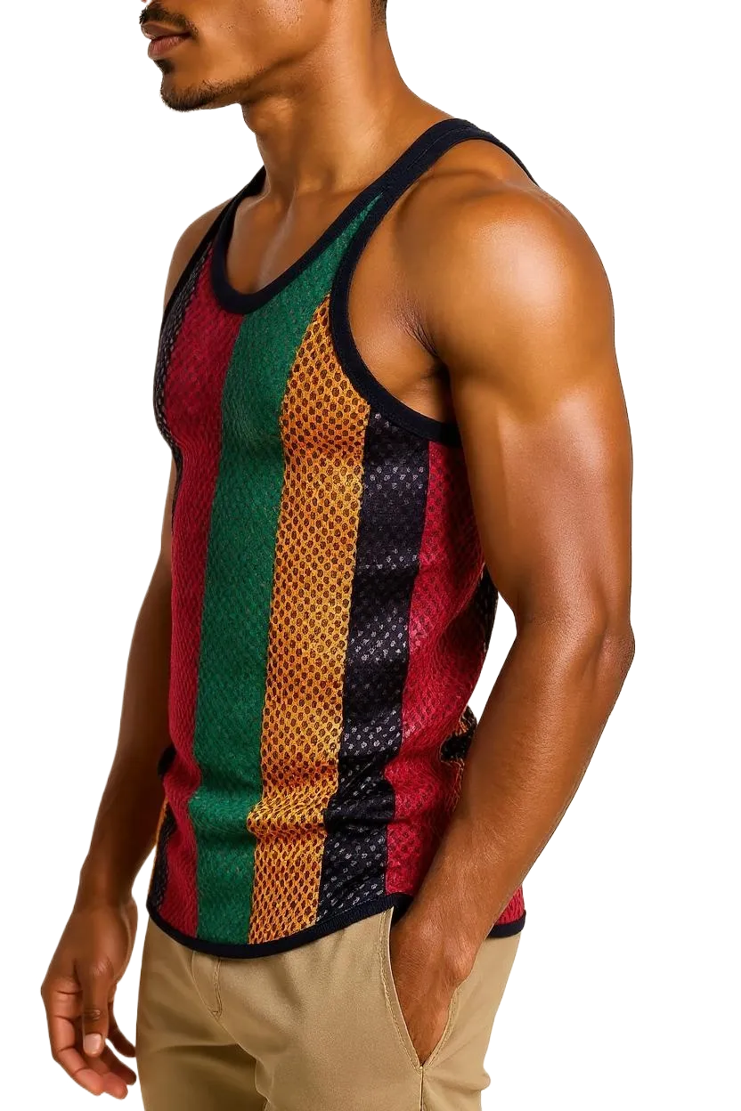 Rasta-1 String Vest: Jamaican Mesh Marina, Reggae Clothing, Sleeveless Tank Top, Rastafarian Style, Perfect Jamaica Shirt for Men, Caribbean-Inspired Rasta Man Costume