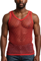 Red String Vest. Classic Cotton Mesh String Vests. Muscle Vest in Red, Fishnet Gym Workout tops.