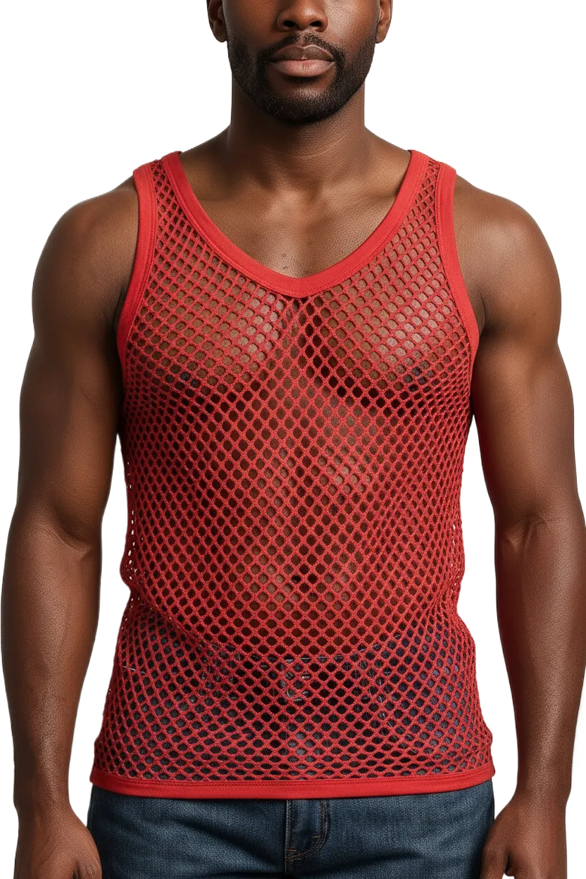 Red String Vest. Classic Cotton Mesh String Vests. Muscle Vest in Red, Fishnet Gym Workout tops.