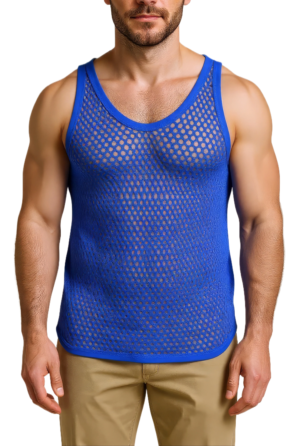 Blue String Vest. Classic Cotton Mesh String Vests. Muscle Vest in Blue, Fishnet Gym Workout tops.
