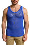 Blue String Vest. Classic Cotton Mesh String Vests. Muscle Vest in Blue, Fishnet Gym Workout tops.