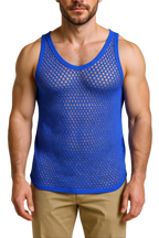 Blue String Vest. Classic Cotton Mesh String Vests. Muscle Vest in Blue, Fishnet Gym Workout tops.