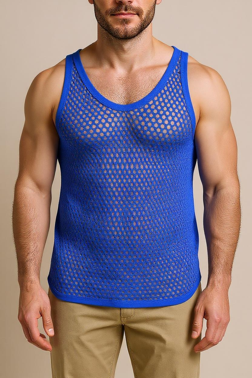 Blue String Vest. Classic Cotton Mesh String Vests. Muscle Vest in Blue, Fishnet Gym Workout tops.