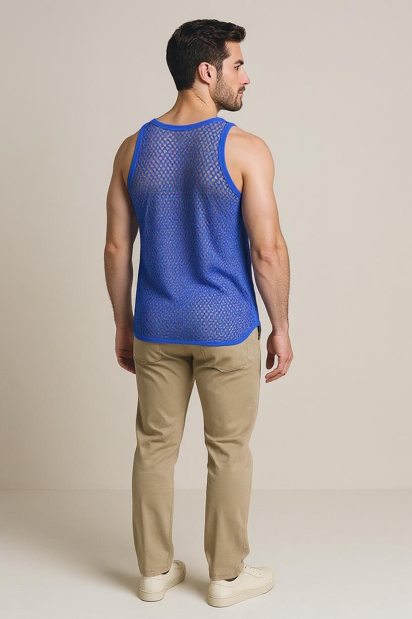 Blue String Vest. Classic Cotton Mesh String Vests. Muscle Vest in Blue, Fishnet Gym Workout tops.