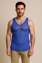 Blue String Vest. Classic Cotton Mesh String Vests. Muscle Vest in Blue, Fishnet Gym Workout tops.