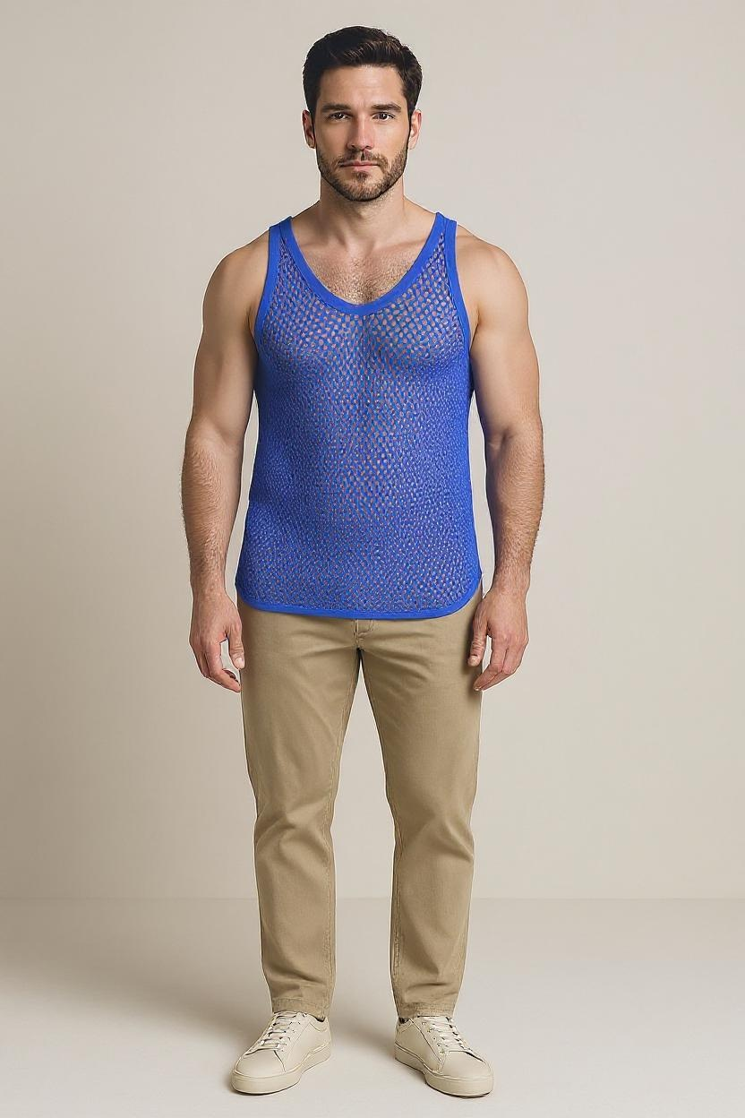 Blue String Vest. Classic Cotton Mesh String Vests. Muscle Vest in Blue, Fishnet Gym Workout tops.