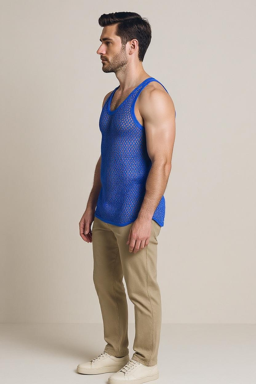 Blue String Vest. Classic Cotton Mesh String Vests. Muscle Vest in Blue, Fishnet Gym Workout tops.