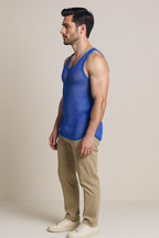 Blue String Vest. Classic Cotton Mesh String Vests. Muscle Vest in Blue, Fishnet Gym Workout tops.
