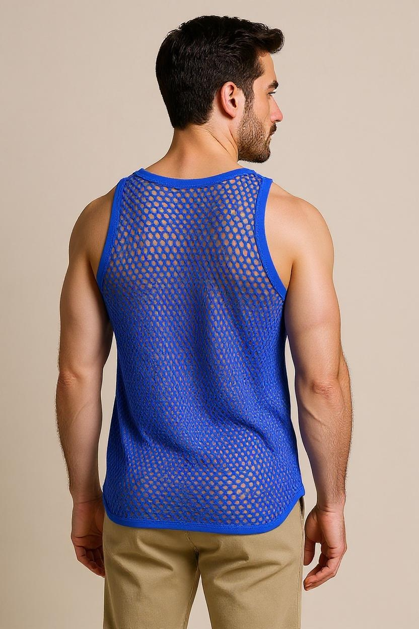 Blue String Vest. Classic Cotton Mesh String Vests. Muscle Vest in Blue, Fishnet Gym Workout tops.