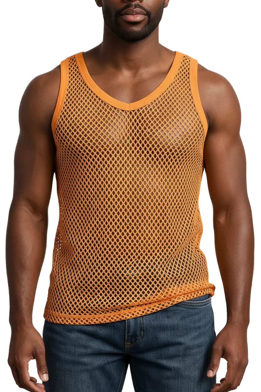 Yellow String Vest. Classic Cotton Mesh String Vests. Muscle Vest in Yellow, Fishnet Gym Workout tops.