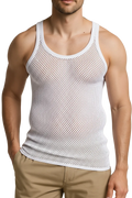 White String Vest. Classic Cotton Mesh String Vests. Muscle Vest in White, Fishnet Gym Workout tops.