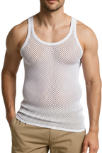 White String Vest. Classic Cotton Mesh String Vests. Muscle Vest in White, Fishnet Gym Workout tops.