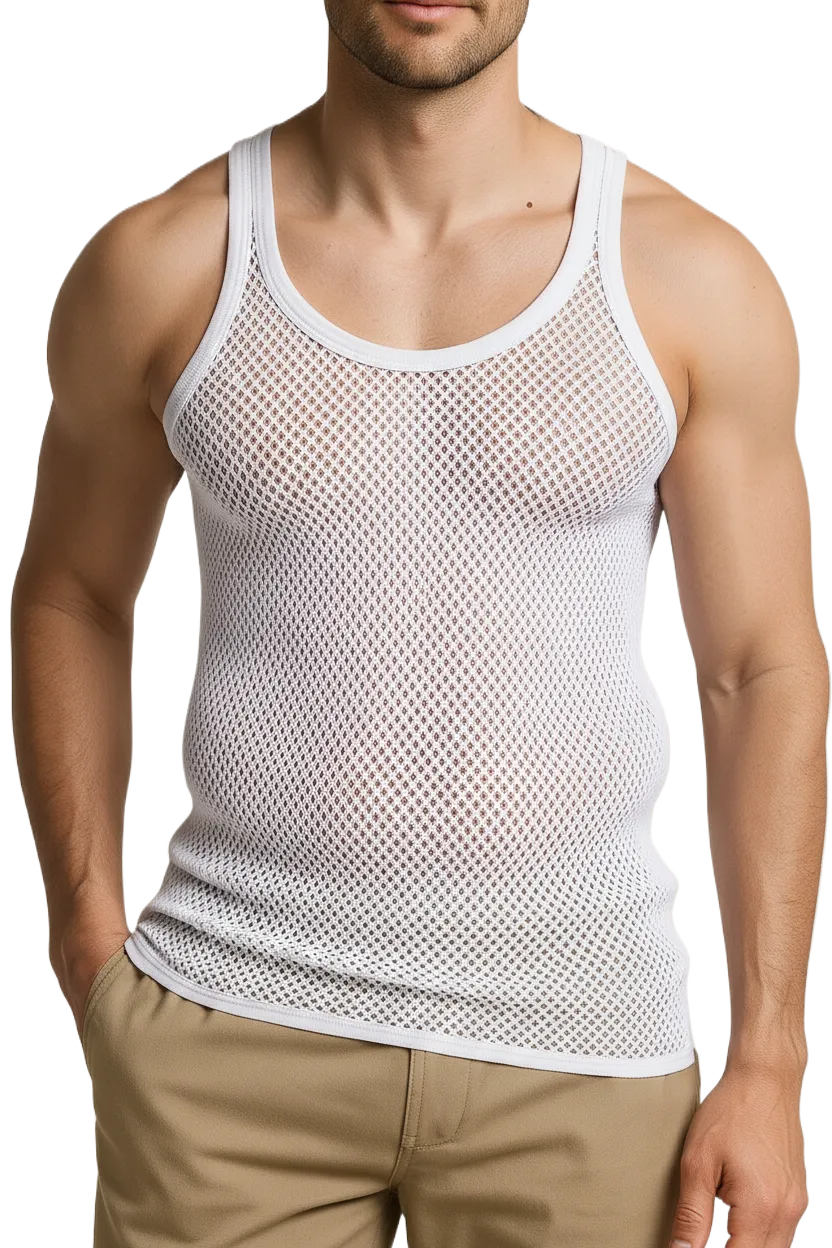 White String Vest. Classic Cotton Mesh String Vests. Muscle Vest in White, Fishnet Gym Workout tops.