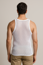 White String Vest. Classic Cotton Mesh String Vests. Muscle Vest in White, Fishnet Gym Workout tops.