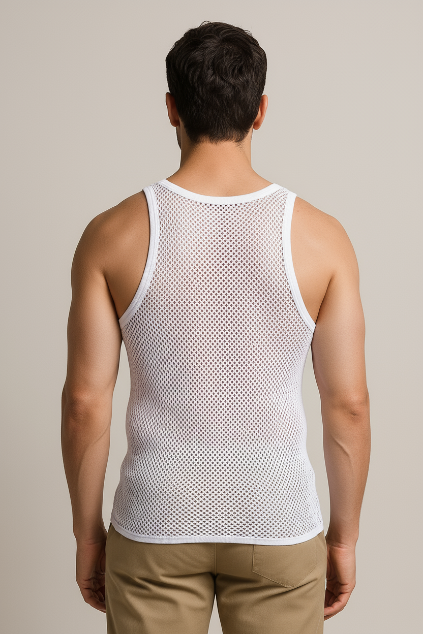 White String Vest. Classic Cotton Mesh String Vests. Muscle Vest in White, Fishnet Gym Workout tops.