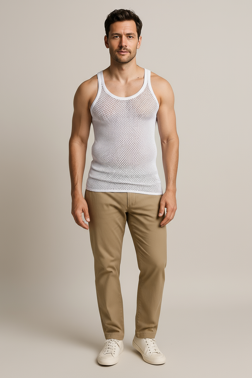 White String Vest. Classic Cotton Mesh String Vests. Muscle Vest in White, Fishnet Gym Workout tops.