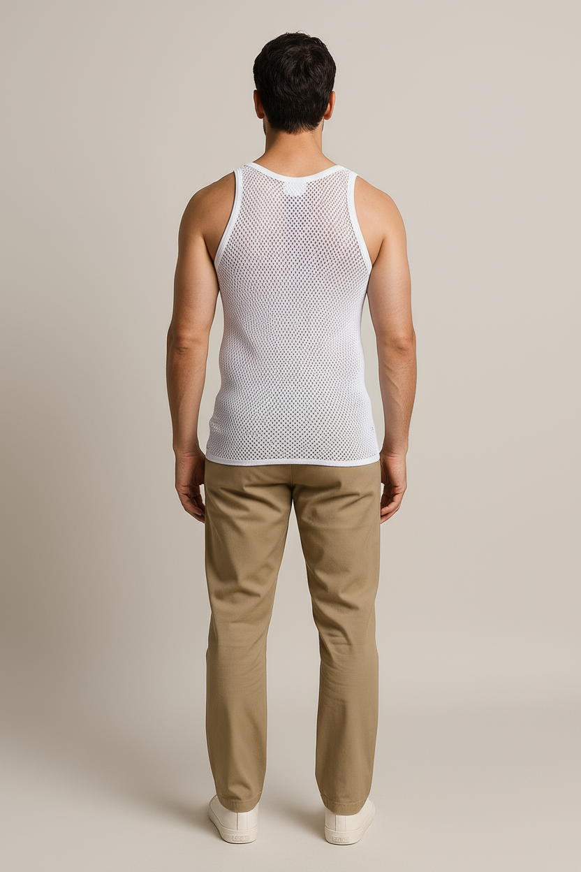White String Vest. Classic Cotton Mesh String Vests. Muscle Vest in White, Fishnet Gym Workout tops.