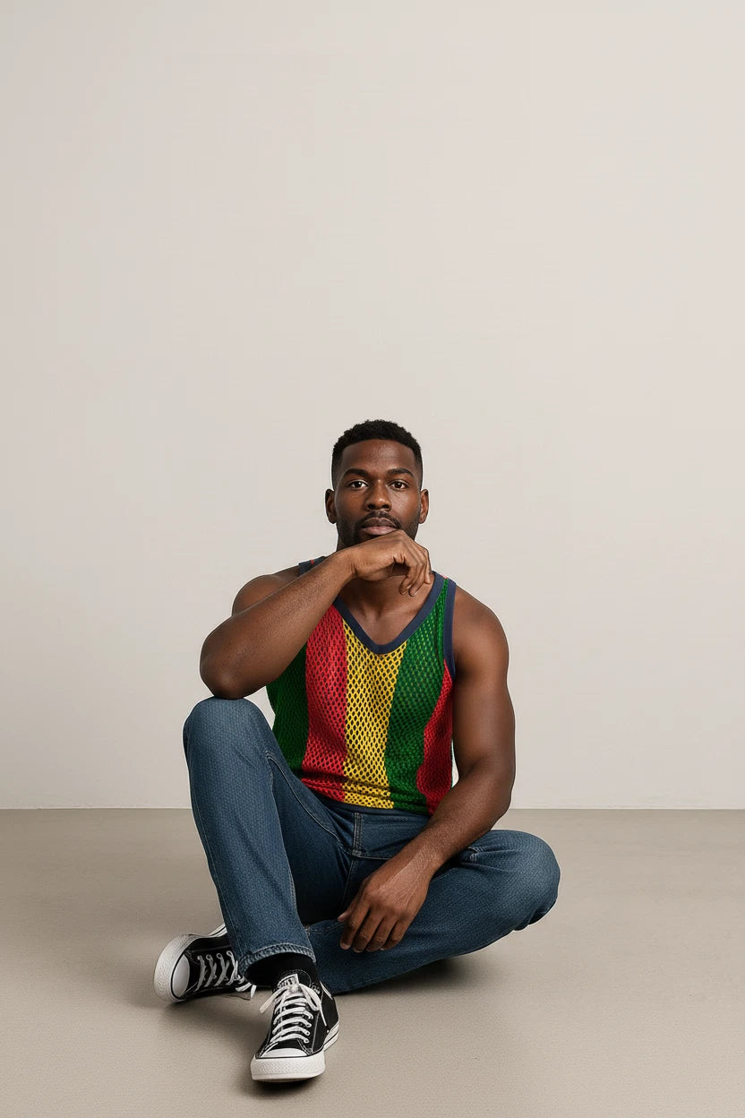 Rasta-3 Rasta String Vest Mesh Mens Crochet Cotton Gym Vests Training Tank Top FishNet