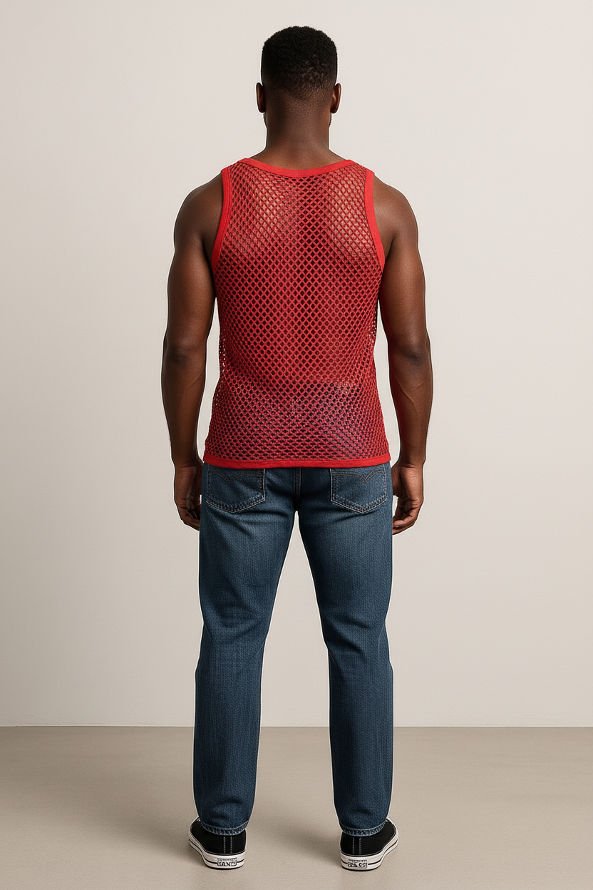 Red String Vest. Classic Cotton Mesh String Vests. Muscle Vest in Red, Fishnet Gym Workout tops.