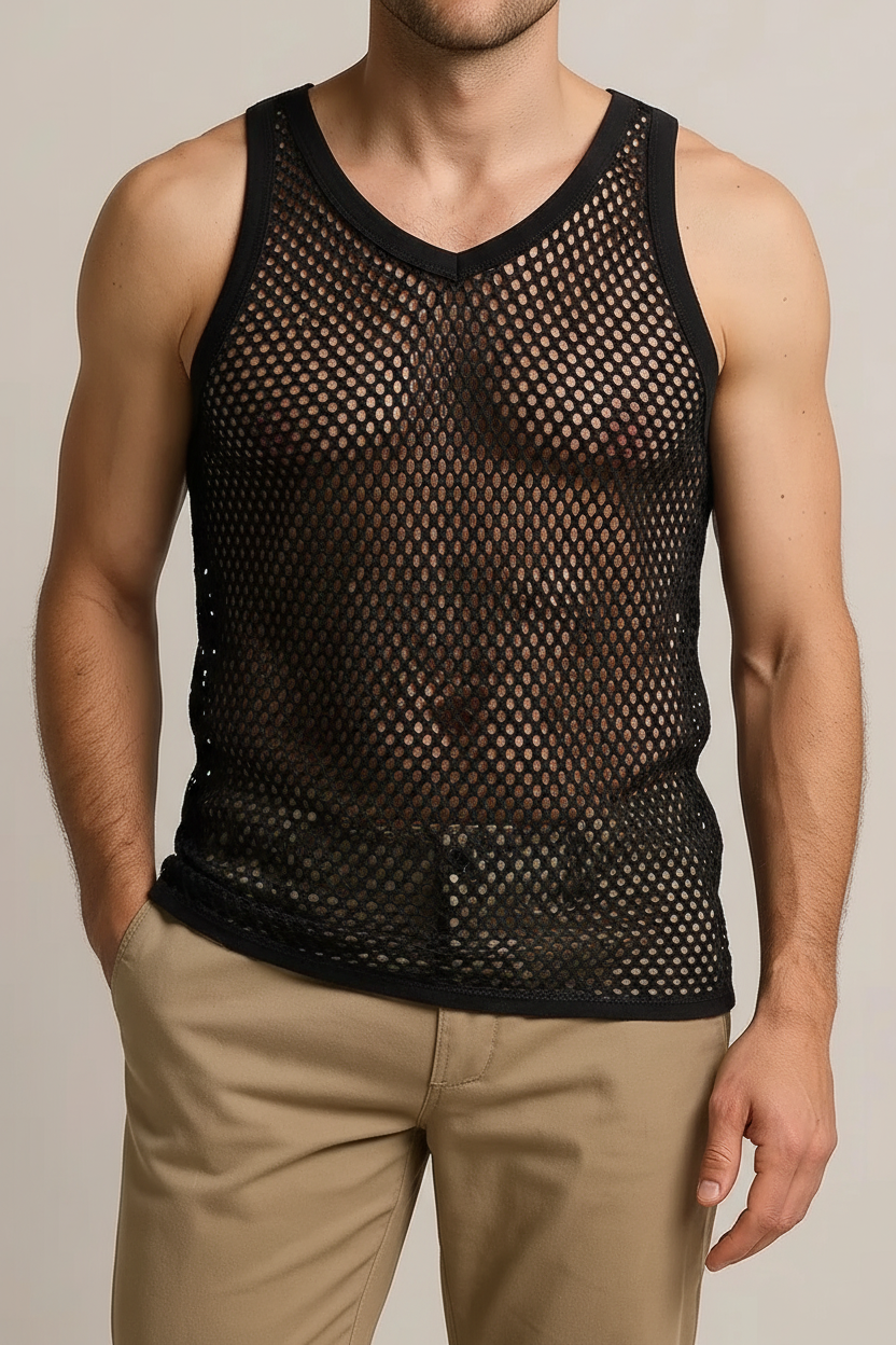 Black String Vest. Classic Cotton Mesh String Vests. Muscle Vest in Black, Fishnet Gym Workout tops.